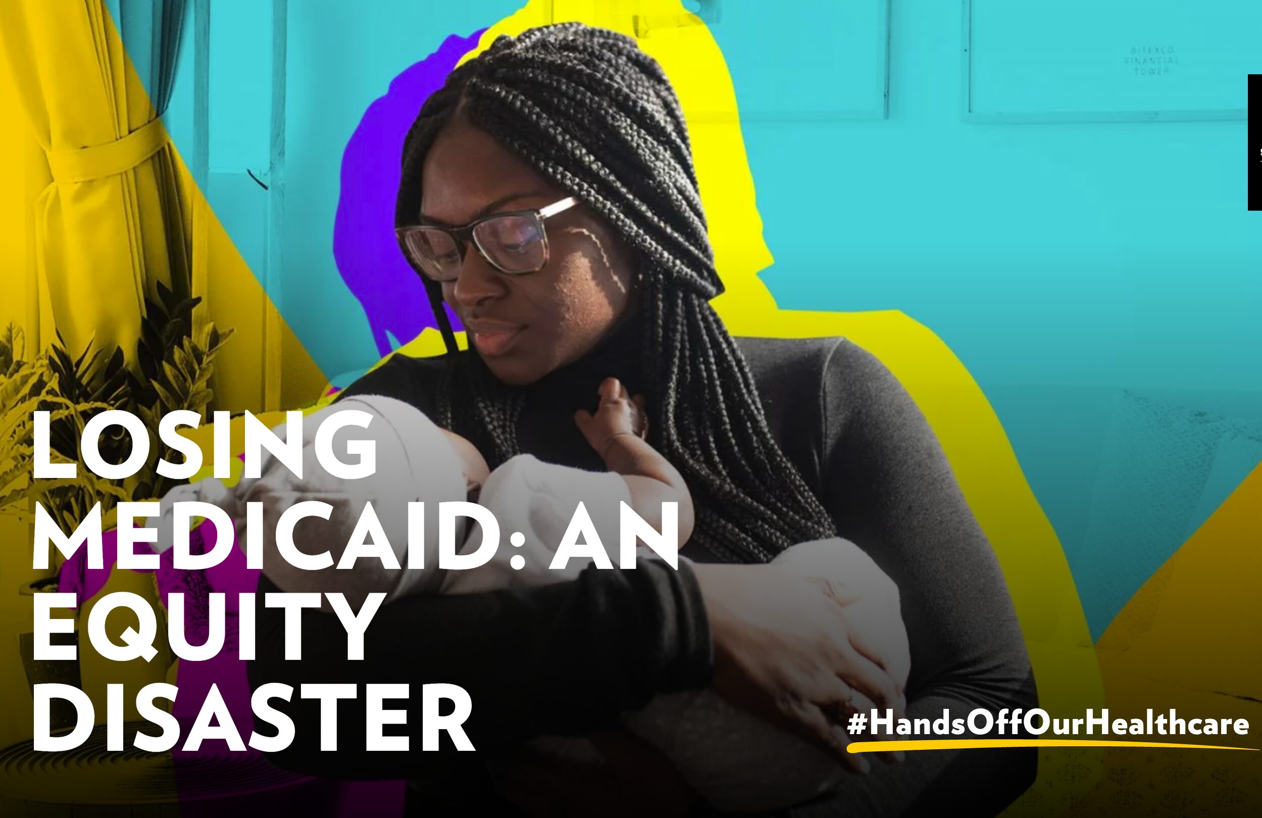 An illustration of a mother and child with the caption "Losing Medicaid: An Equity Disaster."