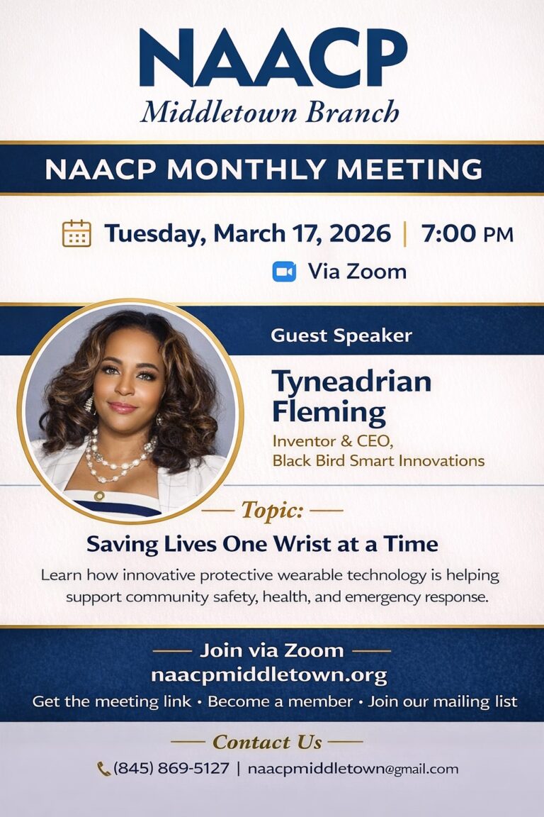 Flyer for NAACP Middletown Branch March 17 meeting featuring guest speaker Tyneadrian Fleming