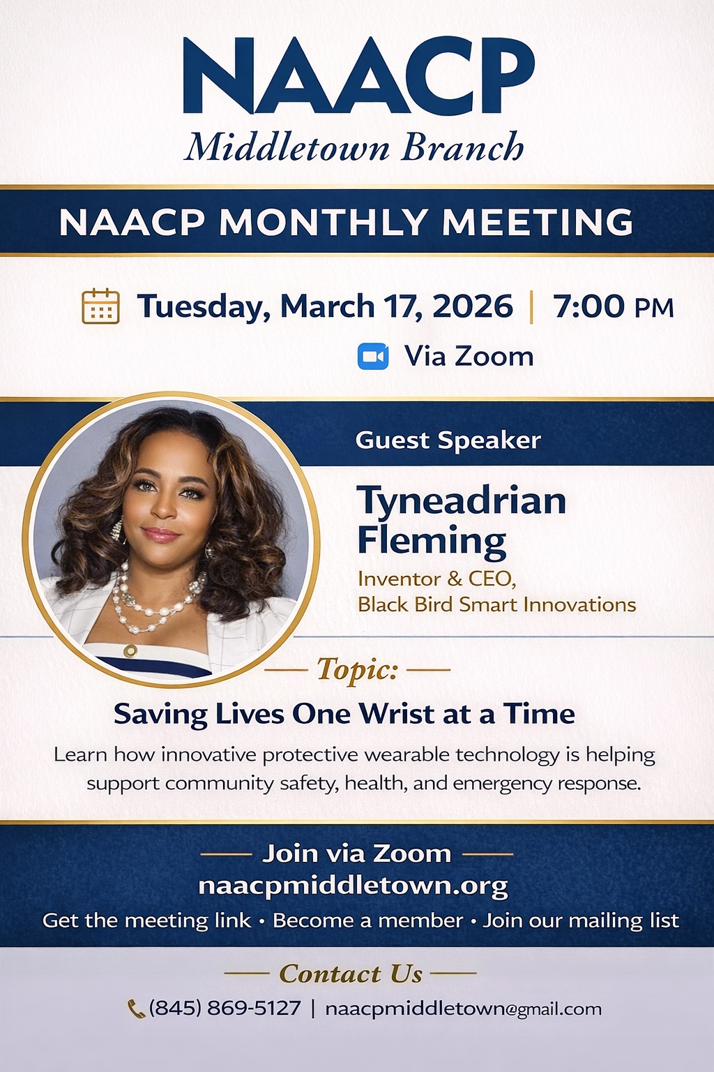Flyer for NAACP Middletown Branch March 17 meeting featuring guest speaker Tyneadrian Fleming